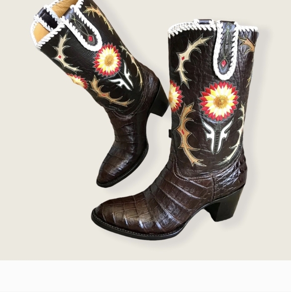 RARE Frye LIMITED EDITION Jennifer Estes Floral Crocodile Leather Cowboy Boot - Picture 2 of 9